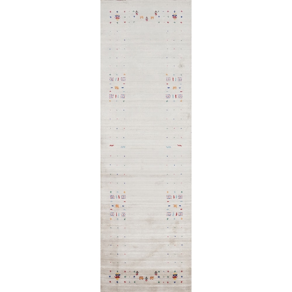 Hand Knotted Oriental Viscose Silk Carpet Tribal Animal Pictorial Beige & Ivories Gabbeh Runner Rug - 9' 9'' X 2' 6''
