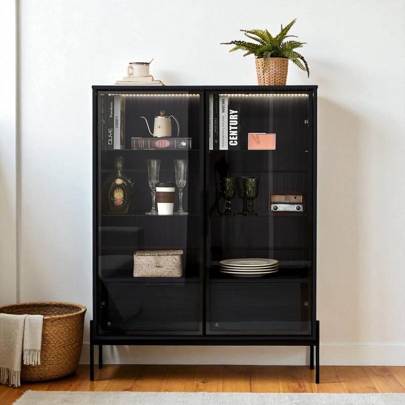 51.2" Modern Display Cabinet with Glass Doors, LED Lighting, Adjustable Shelves and 2 Storage Drawers - Black
