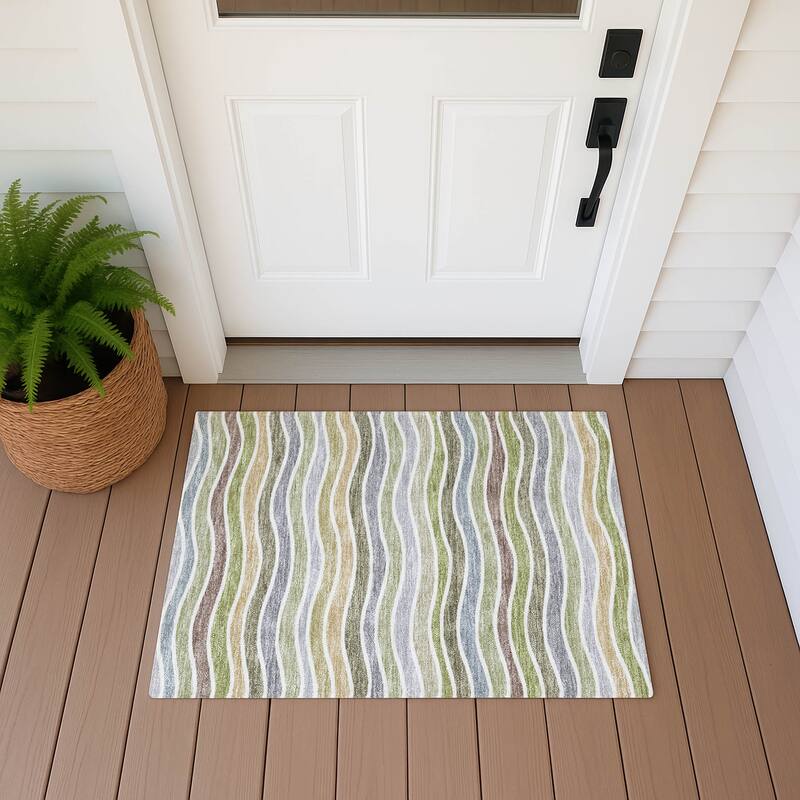 Machine Washable Indoor/ Outdoor Contemporary Stripe Chantille Rug - Fern - 1'8" x 2'6"