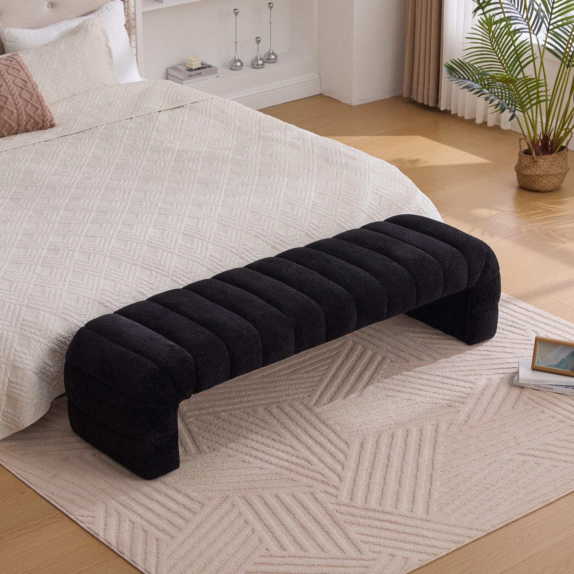 Modern Black Upholstered Bench Armless Bench End of Bed Bench, Ottoman Foot Stool for Living Room and Bedroom
