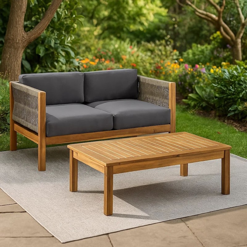 2pc Outdoor Loveseat Coffee Table Set, Brown Acacia Wood, Dark Gray