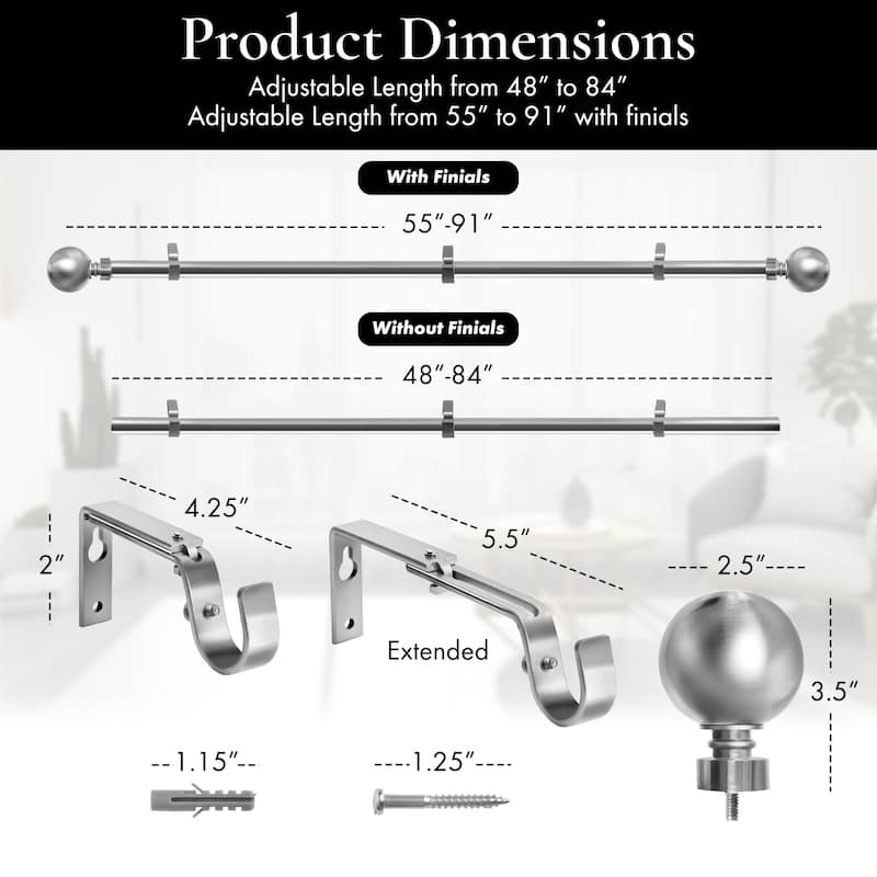 Meriville 1-Inch Diameter Ball Single Window Curtain Rod