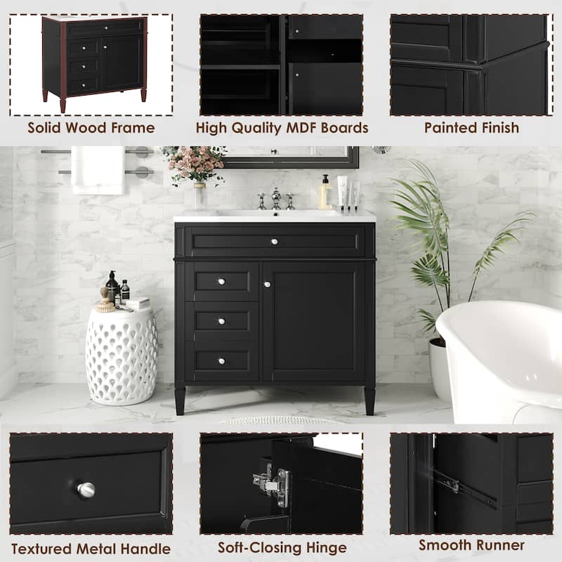 36" Bathroom Vanity with Top-Mount Sink - Modern Cabinet with 2 Drawers + Tip-Out Tray - Complete Single Sink Vanity Set
