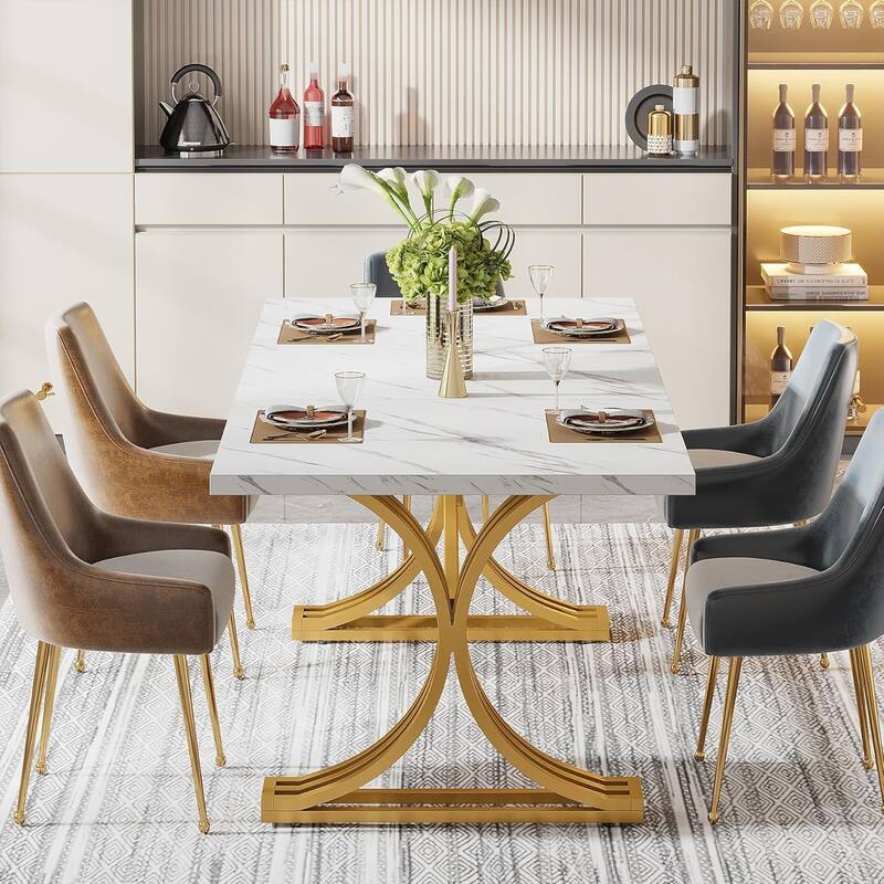 63" Rectangular Dining Table, Modern Kitchen Table with Faux Marble Top for Dining Room