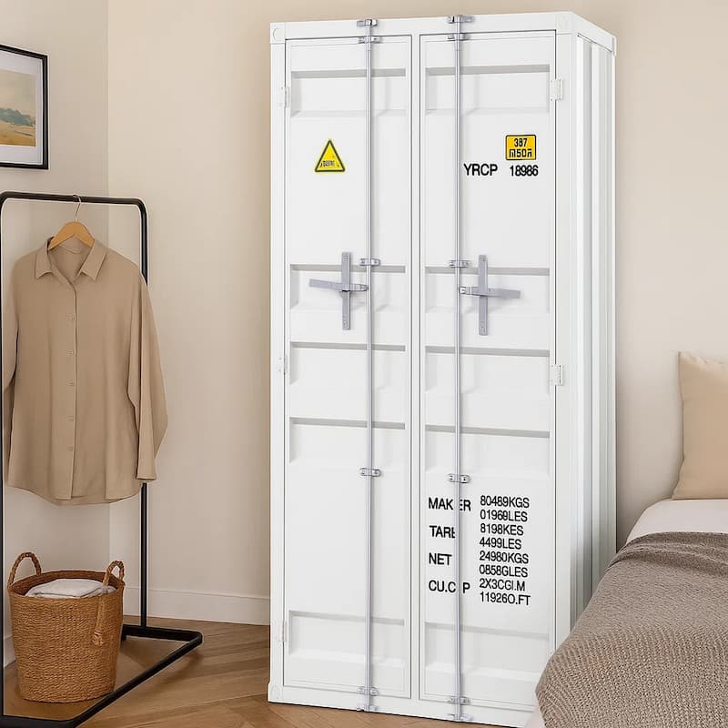 Double Door Storage Wardrobe with Recessed Panels and Cremone Bolts, White