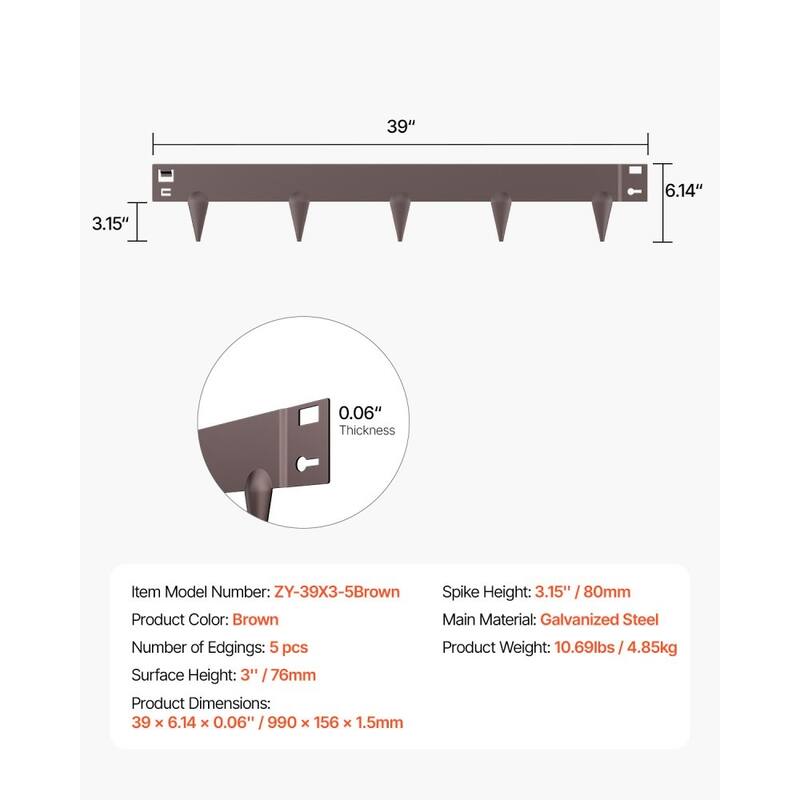 5 Pcs Galvanized Steel Flexible Landscape Edging Border Strip with Spikes for Outdoor Use - 39 x 6.14 x 0.06 in