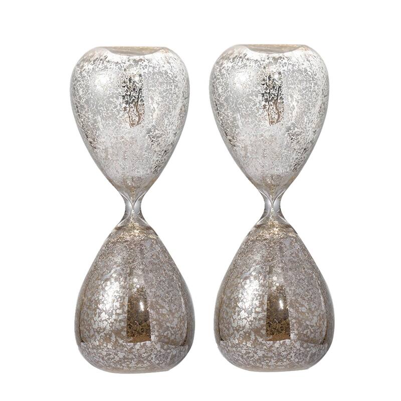 Set of 2, 10" Peleus 60-Minute Silvered Hourglass, Bisque Sand
