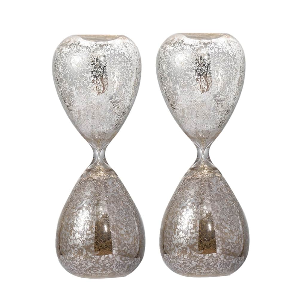 Set of 2, 10" Peleus 60-Minute Silvered Hourglass, Bisque Sand
