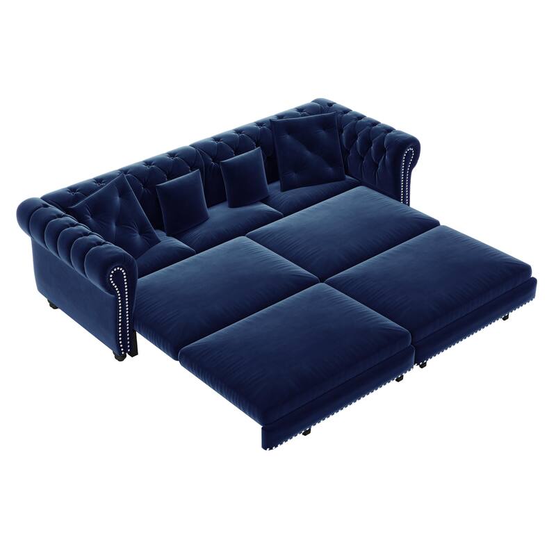 89" Chesterfield Pull Out Sofa Bed - Velvet 3-in-1 Convertible Sleeper with Chaise & Ottoman, King Size Sleeper Sofa