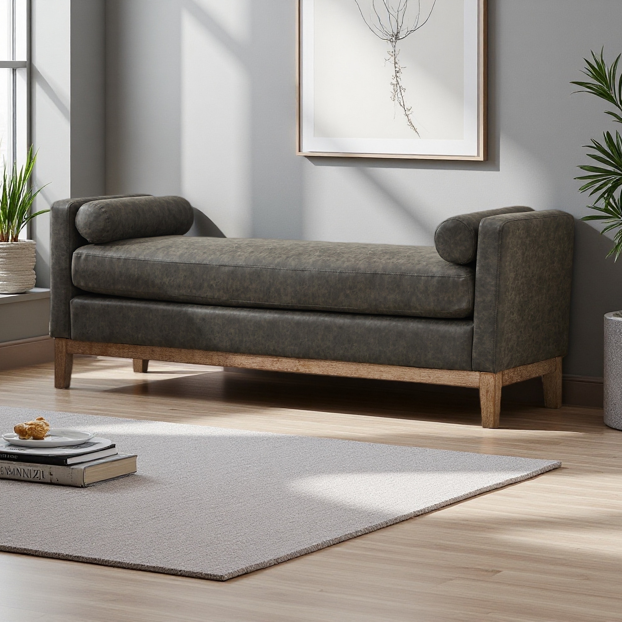 66.34"L Upholstered Daybed Ottoman, Wood Legs, 2 Bolster Pillows, Boucle Fabric