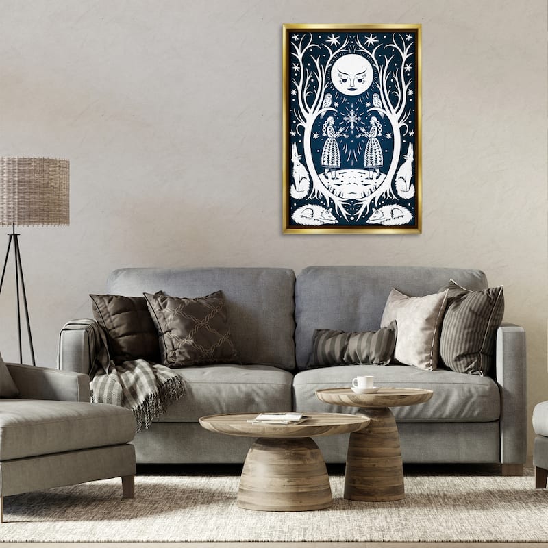 Stupell Woodland Folk Girls with Moon Framed Floater Canvas Wall Art Design By Hannah Moren