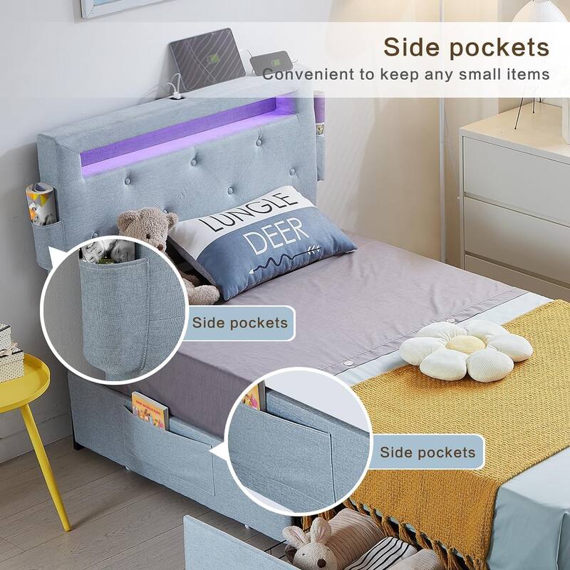 Twin Bed Frame with USB Charging Station and LED Lights
