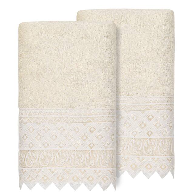 Authentic Hotel and Spa 100% Turkish Cotton Aiden 2PC White Lace Embellished Hand Towel Set - Cream