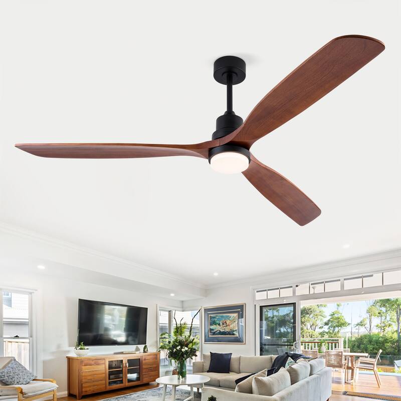 72 Inch Modern Ceiling Fan With 3 Color Dimmable 3 Solide Wood Blades Remote Control Reversible DC Motor With Led Light - Black