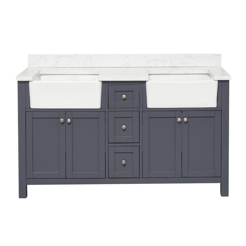 KitchenBathCollection Yorkshire 60" Double Farmhouse Vanity with Engineered Marble Top