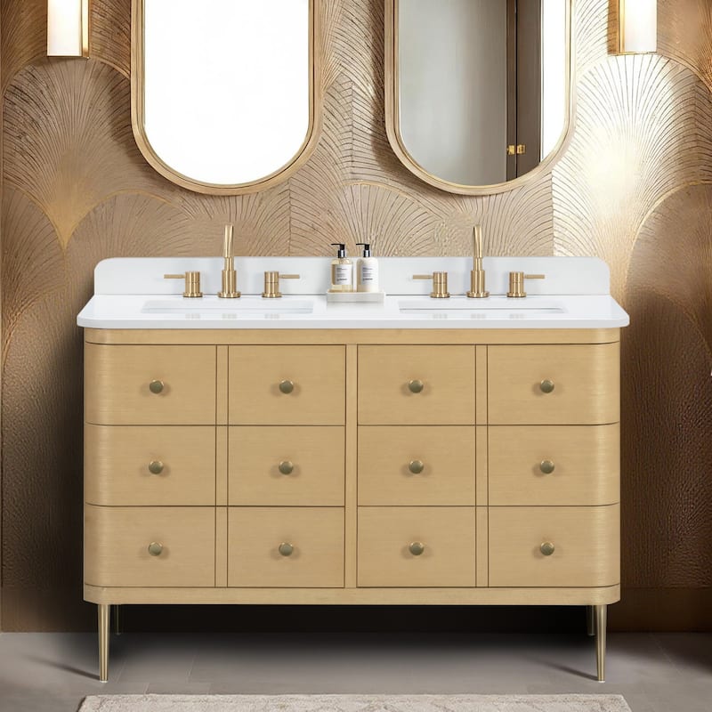 Serena Bathroom Vanity in Light Oak with White Engineered Stone Top - 49"W x 22"D x 34.9"H