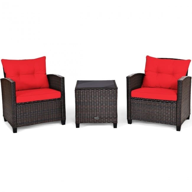 3 Pieces Rattan Patio Furniture Set with Washable Cushion - Chair: 26.5" x 26.5" x 30" - Red