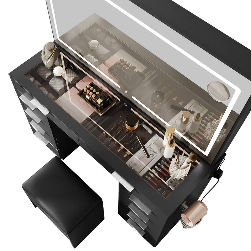 Moasis Black 10-Drawer Cosmetic Vanity Desk Set with Glass Tabletop Makeup Vanity with LED Strip