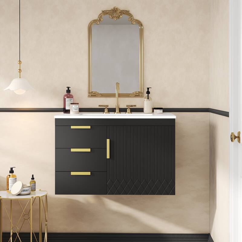 30" Wall Mounted Bathroom Cabinet with Ceramic Basin Sink, Bathroom Cabinet with Soft-Closing Door and Drawers
