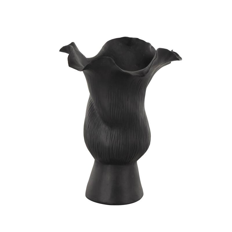 Ceramic Abstract Floral Inspired Vase with Wavy Folded Rim and Linear Grooves - White or Black - Roche River Decor