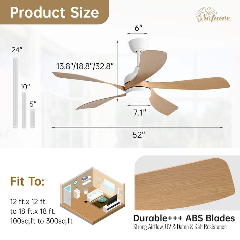 42“/52"/60"/48" Noiseless Walnut Wood Ceiling Fan with Remote Control, Integrated Light Optional