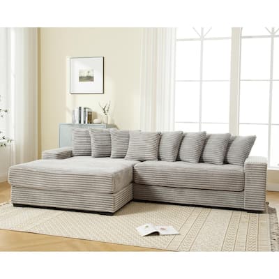 111" Corduroy Upholstered L-Shaped Sectional Sofa with Oversized Chaise Longue and 8 Throw Pillows