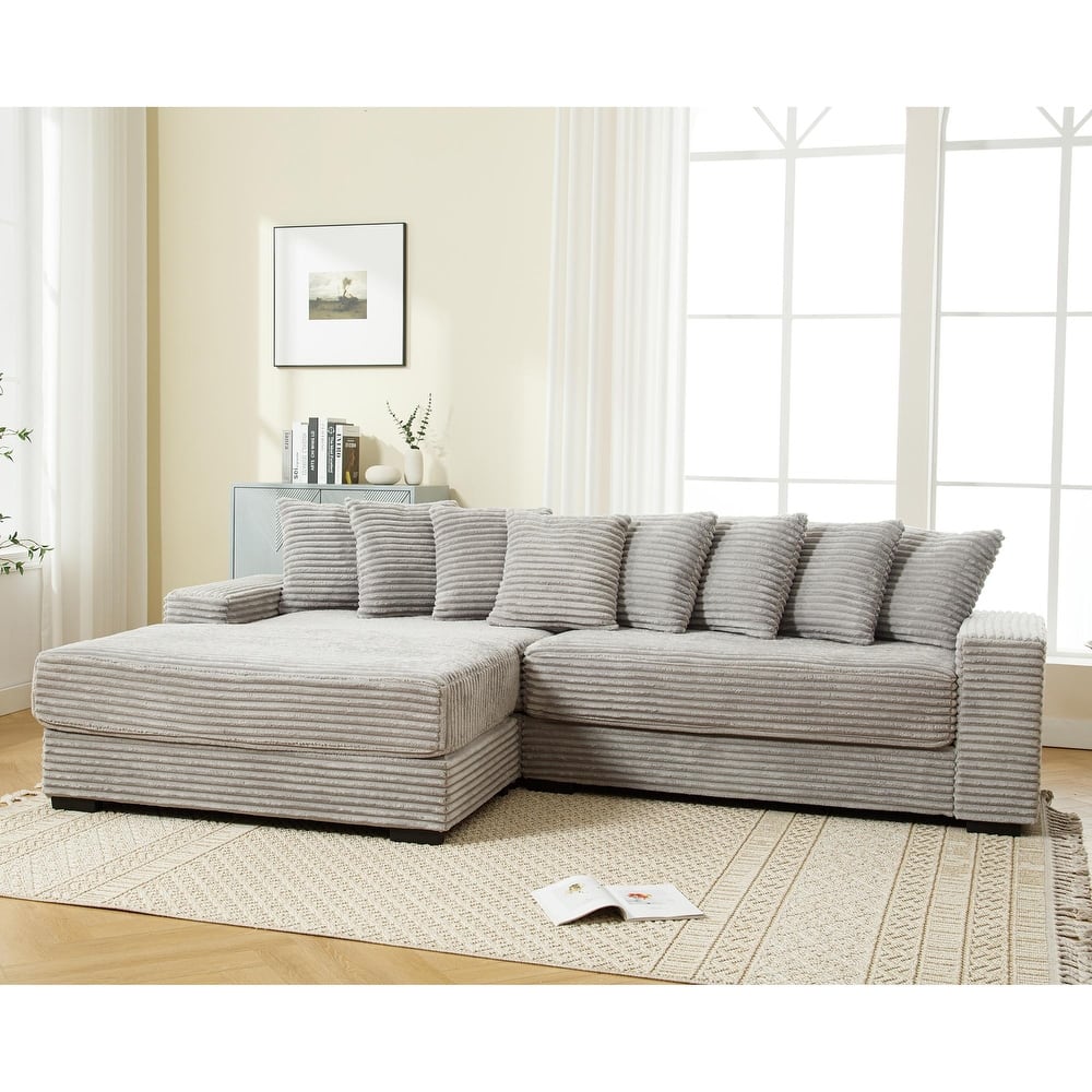 Modern 111" Sectional Couch, Oversized Corner Sofa with Chaise, 8 Throw Pillows, L Shaped Corduroy Sofa for Living Room