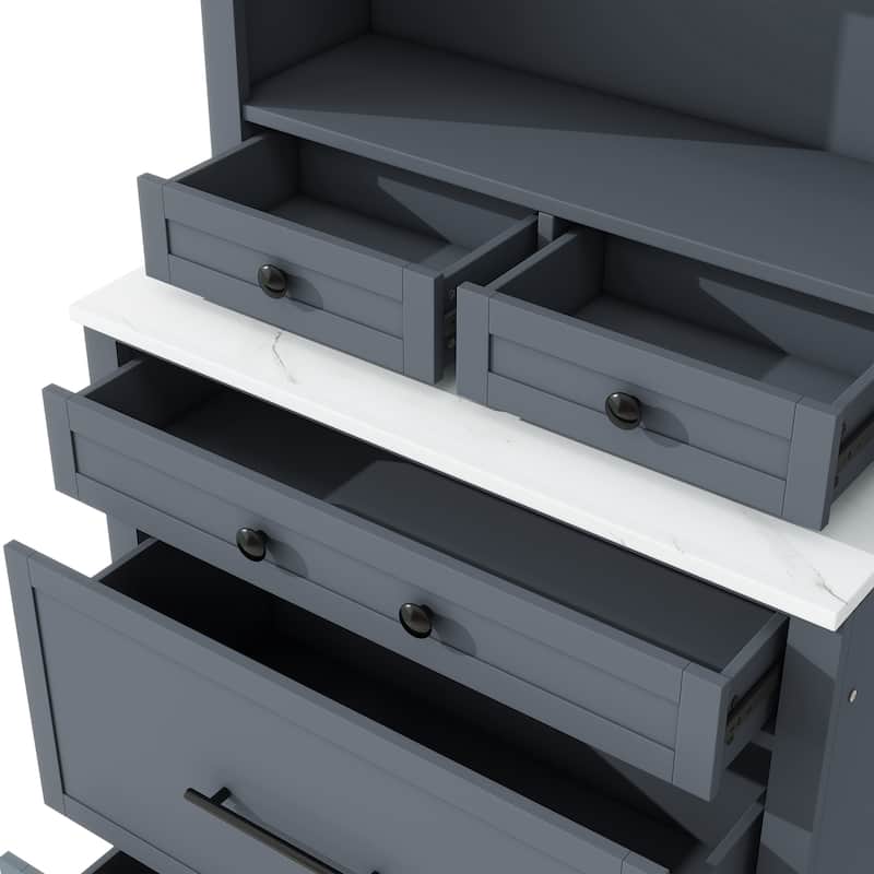 Roomfitters Modern 83.7" Tall Kitchen Hutch with Faux Marble Top and Adjustable Shelf