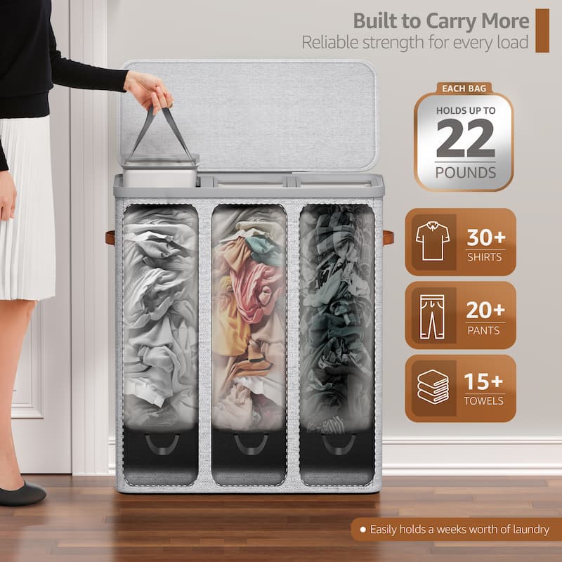 Sorbus 3-Compartment Laundry Basket with Removable Laundry Bag - Durable Organizer for Bathroom. - 25" W x 15.75" D x 29.5" H