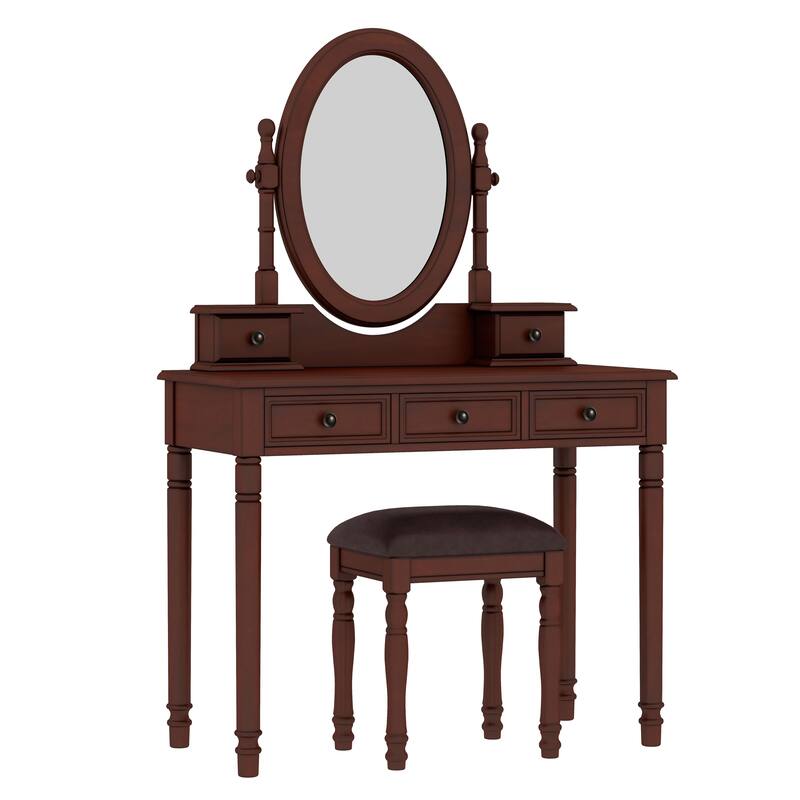 Vintage Vanity Desk Set with Adjustable Mirror - Wooden Makeup Table & Velvet Stool, 5 Drawers for Bedroom