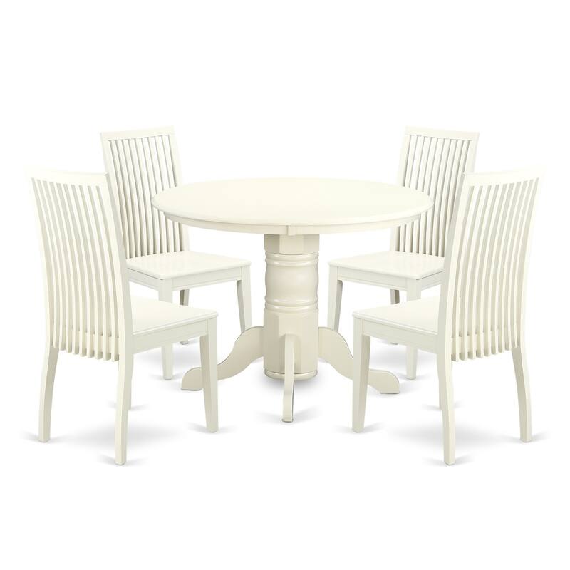HomeStock 5-Piece Round Linen White Finish Solid Wood Top Dining table with 4 Chairs with Lattice Back
