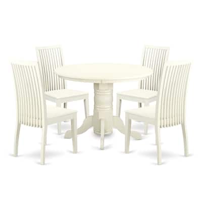 HomeStock 5-Piece Round Linen White Finish Solid Wood Top Dining table with 4 Chairs with Lattice Back