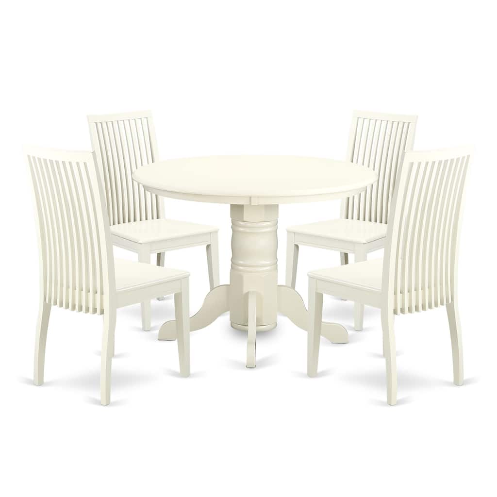 HomeStock 5-Piece Round Linen White Finish Solid Wood Top Dining table with 4 Chairs with Lattice Back
