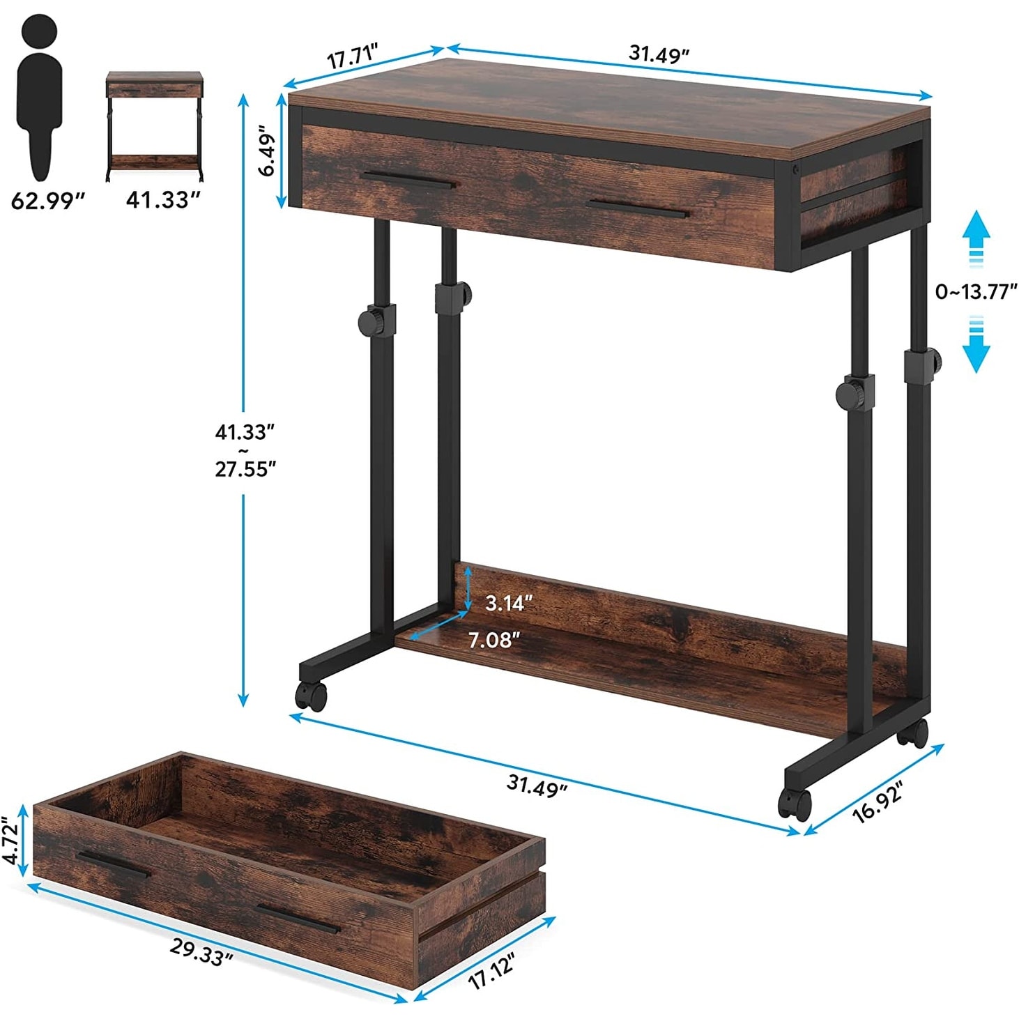 Adjustable Side Table Portable Desk with Drawers and Wheels for