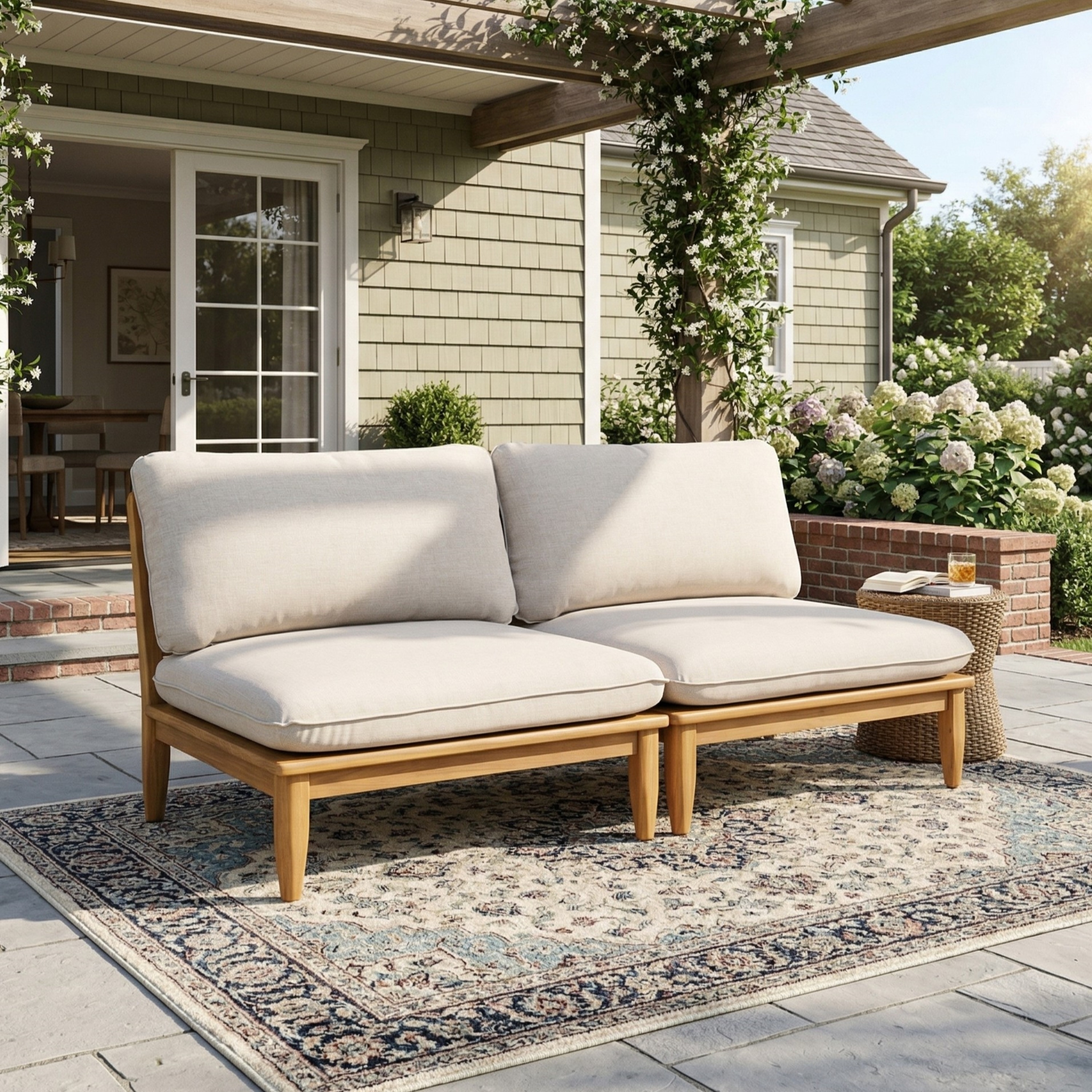 Christopher Knight Home Sacova Outdoor Acacia Wood Armless Chair, Teak Finish Frame with Beige Cushion, Set of 2