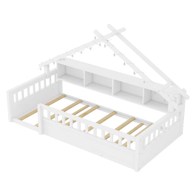 Twin/Full Floor Bed with Storage Bookshelves & Roof Shape for Kids