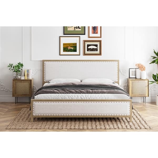 Upholstered Platform Bed with Linen Headboard and Footboard On Sale