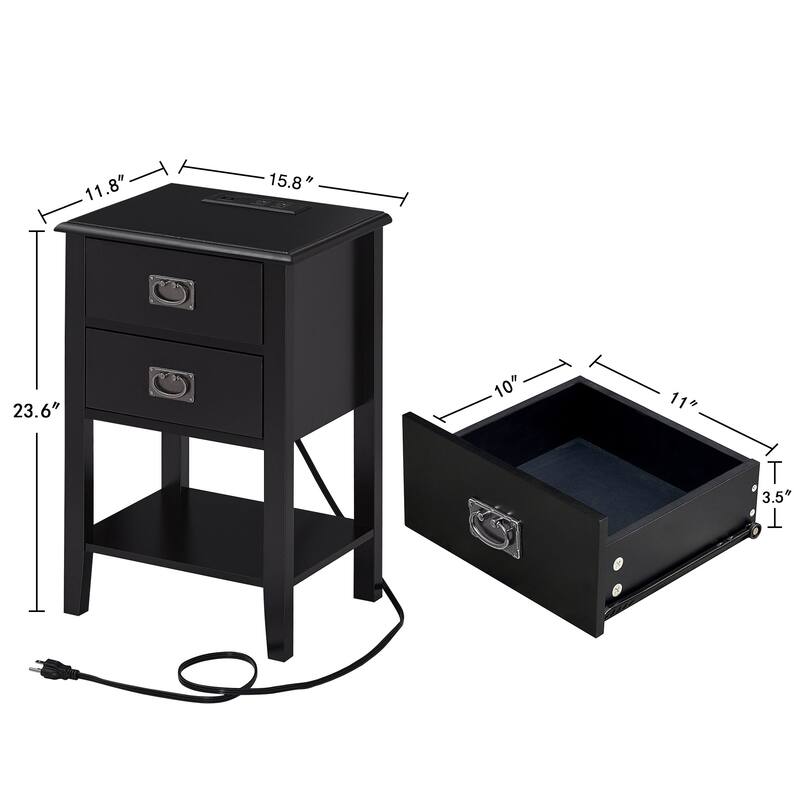 VECELO Mid Century Modern Nightstand Set of 2 (Choose 1 or 2 Drawers) with Charging Station 2 AC Outlets & 2 USB Ports
