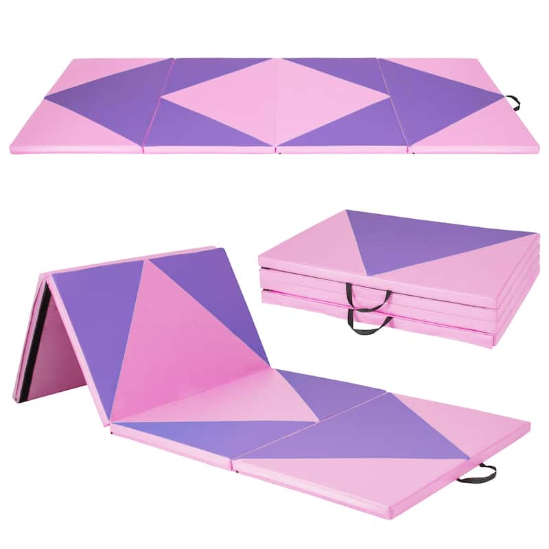 4-Panel Foldable Gymnastics Mat with Shock Absorbing Foam and Hook Loop Secure Connection - 120" x 48" x 2" - Purple-Pink