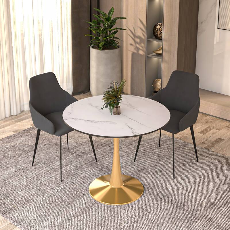 LeisureMod Bristol 35" Round Dining Table for 4 with MDF Tabletop in Gold Steel Base for Kitchen & Dining Room