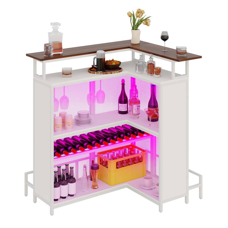 Moasis Home Bar Unit L-shape Liquor Bar Table with 2-Tier Storage and Shelves