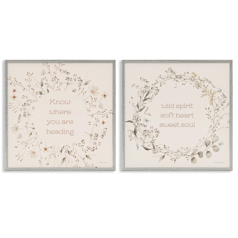 Stupell Inspiring Soft Wreaths with Phrases Framed Giclee Art Design By Susan Ball (Set of 2) - 24 x 24 - Grey