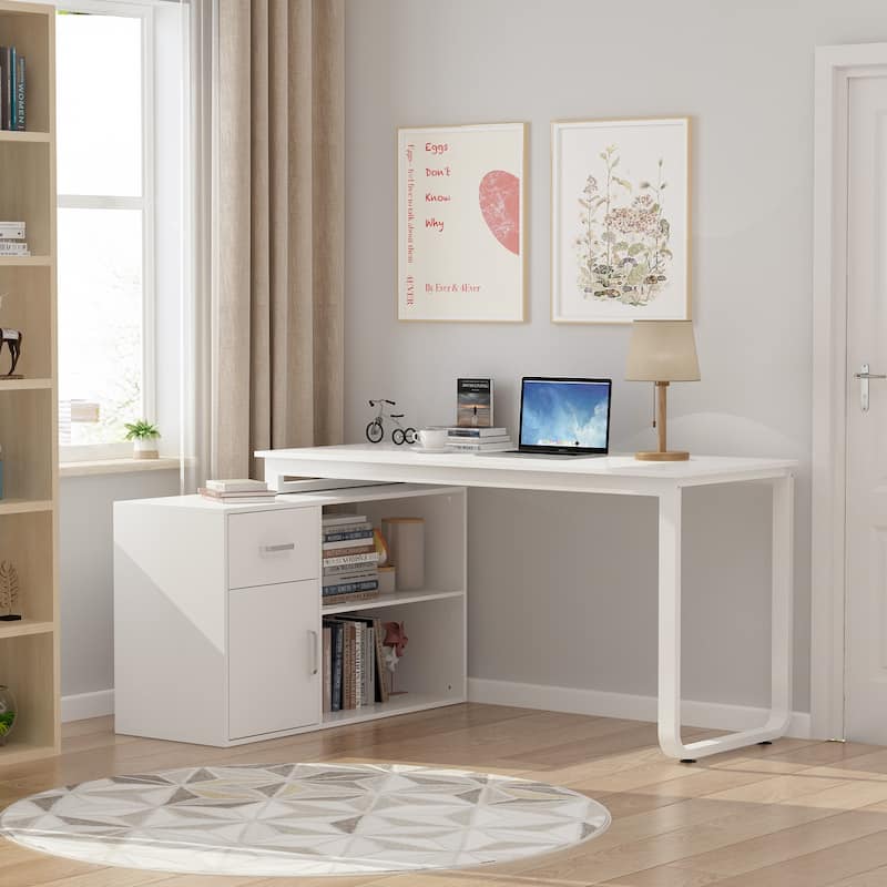 White Reversible L Shape Desk Rotating Desk Working Desk Computer