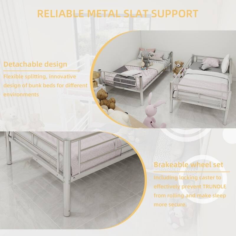 Twin Over Twin Modern Convertible Metal Bunk Bed with Ladders and Guardrail