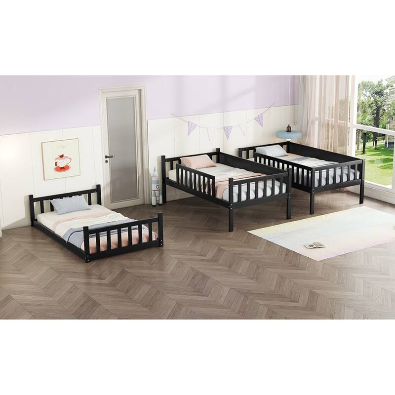 Roomfitters Twin Triple Bunk Bed, Rubber Wood Detachable Design with Ladders and Guardrails, Twin over Twin over Twin