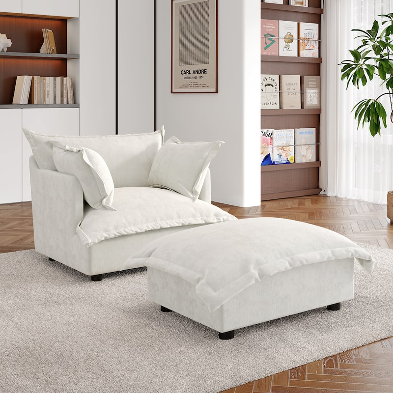 Double Layer Cushion Comfy Cloud Modular Sectional Sofa Set - Single Armchair+Ottoman-Beige - Symmetrical