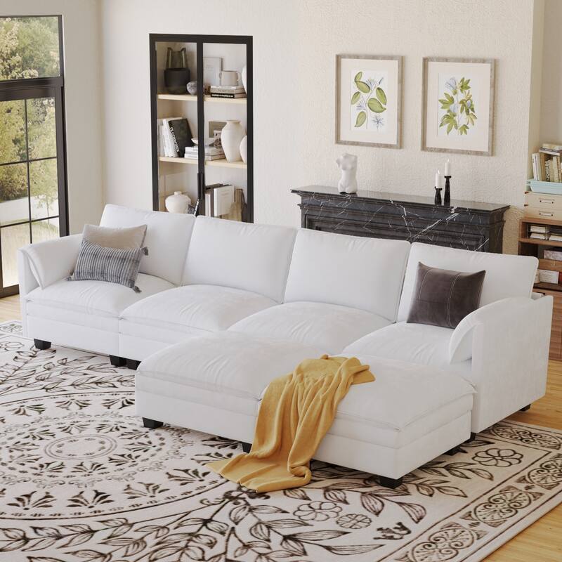 U-Shaped Sectional Sofa with Movable Ottoman, Oversized Fabric Upholstered 6 Seater Sofa, Deep Seat Sofa with Side Pockets - Beige