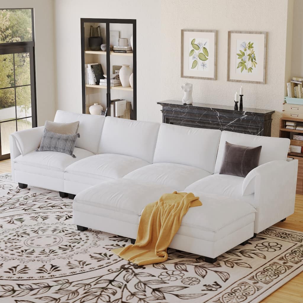 U-Shaped Sectional Sofa with Movable Ottoman, Oversized Fabric Upholstered 6 Seater Sofa, Deep Seat Sofa with Side Pockets