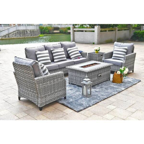 Shop 5 Piece Gas Fire Pit Wicker Patio Furniture Outdoor Seating Conversation Set With Table And Luxury Cushions Grey Overstock 32478419