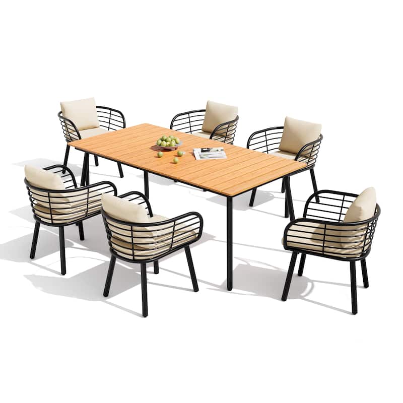 7-PC Outdoor Patio Aluminum Dining Set Table With Dining Chairs Sunbrella Seat&Back Cushions - Table-Brown&Chairs-CanvasAntiqueBeige